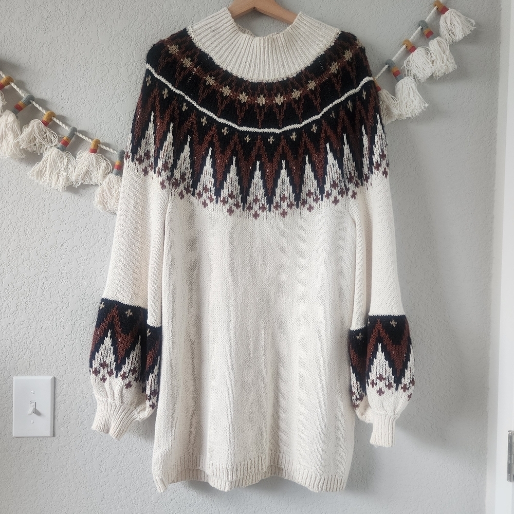 Free People Scotland Wool Blend Fair Isle Knit Puff Sleeve Sweater Dress Mini S